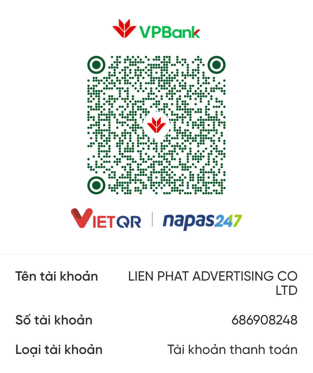 Mã QR VPBank, số tài khoản 686908248, người nhận LIEN PHAT ADVERTISING CO LTD